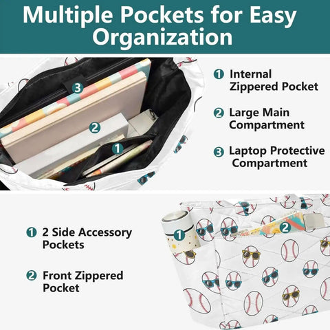 Interior view of a Roomy Quilted Tote Bag For Women With Zipper Large Travel Work Bag 18L Capacity with multiple pockets for organization.