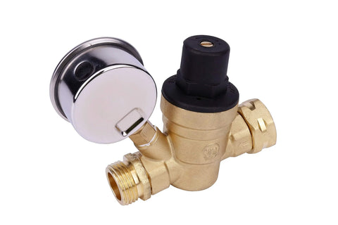Brass RV water pressure regulator valve with 3/4-inch fittings, black adjustment knob and chrome end cap