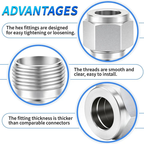 Various views of Premium Stainless Steel 304 90 Degree Elbow Compression Tube Fitting One Quarter Inch Tube OD To One Quarter Inch Tube OD Two Pack ChillWaves showing hex fitting, threads, and thickness with highlighted advantages.
