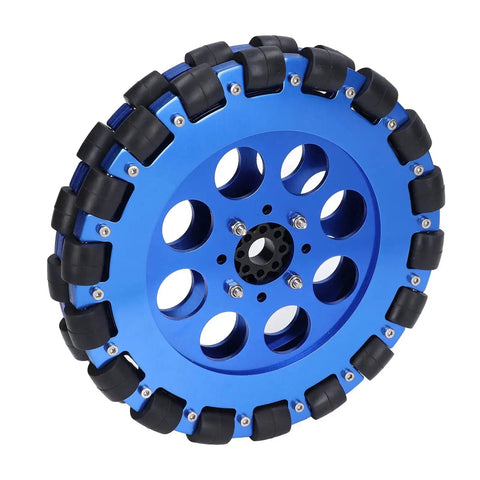 8 Inch Two Wheel Omni Wheel Set With Aluminum Hub For Smooth 360 Degree Movement showing blue aluminum hub and black rollers