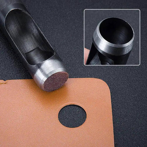 Close-up of 12 Piece Round Leather Hole Punch Set Pro Grade Hollow Punch Tool creating clean holes in leather material.