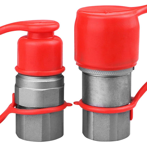 Two 3/8 in hydraulic quick-connect couplers with red dust caps, metal bodies.