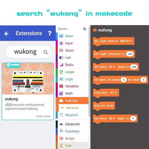 Wukong Expansion Board for Microbit interface shown in Makecode with search results and block coding options for servo and motor control