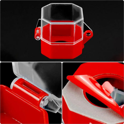 Emergency Stop Button Cover 8 Pack Clear Lockout Guard with anti-UV insulating plastic, red base, shown in detailed views.