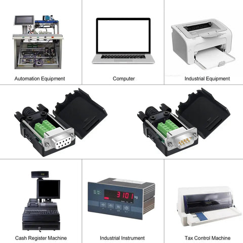 DB9 Solderless Breakout Connector Set - RS232 D-Sub 9-Pin Male and Female Adapters with related industrial equipment and devices.