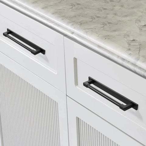 Installed 10 Pack Classic Solid Cabinet Handles With Metal Base Plate 6.3 Inch Screw Spacing Matte Black Furniture Hardware on white cabinets
