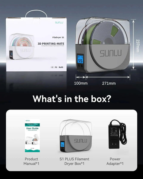 Contents of the Filament Dryer Box S1 Plus package including the dryer box, user manual, and power adapter, featuring moisture removal.