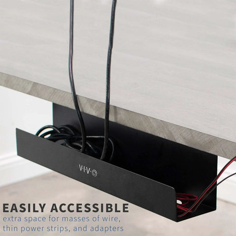 Under Desk Cable Management Tray 16.5 Inch Cord Organizer and Power Strip Holder installed under desk with cables organized