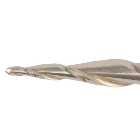 Side view of Tapered Ball Nose End Mill For 3D Carving With One Quarter Inch Shank And One Thirty Second Inch Radius ZrN Coated Two Flute Router Bit