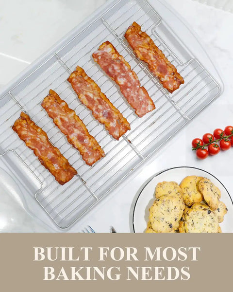 Nonstick Crisp Baking Tray With Wire Rack 15x10 Jelly Roll Pan Ceramic Coating with bacon and cookies.