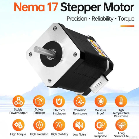 Nema 17 Stepper Motor High Torque Bipolar 2 Phase 1.8 Degree 0.84Nm with 4-wire cable, features icons.