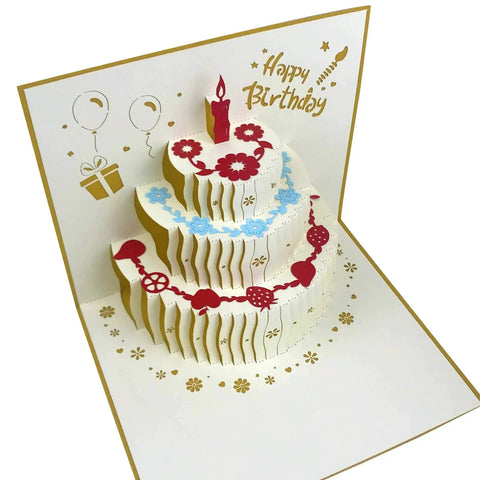 3D Pop Up Birthday Card With Envelope For Any Celebration Akeydeco Laser Cut Greeting Card Featuring Happy Birthday Scene Perfect Gift For Mom Wife Sister Boy Girl Friends Kids Party Favor Durable Eco Friendly Card featuring a layered paper cake with decorations.