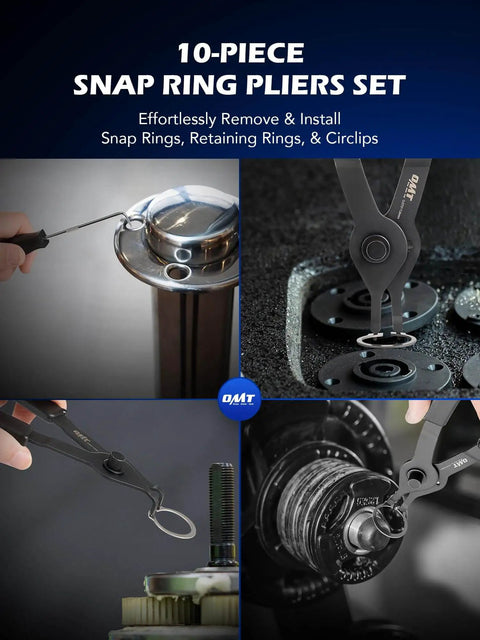 10 Piece Snap Ring Pliers Set For Internal And External Circlips With Bent And Straight Pliers Hook Pick Pro Grade Heavy Duty Circlip Removal Tool With Storage Case And Gloves in use on various machinery components.