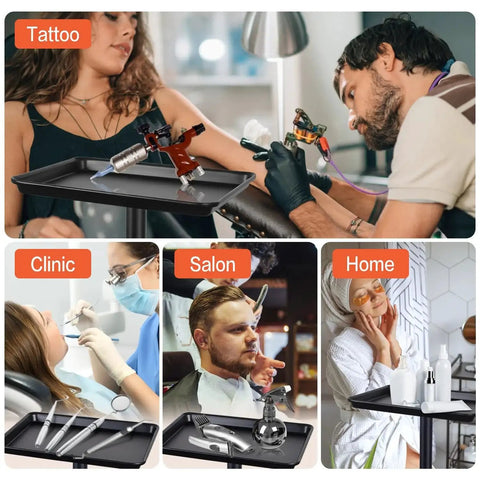 Height Adjustable Rolling Salon Tray on Wheels with Multi Level Height Range from 28 to 44 Inches, used in tattoo, dental, and salon settings