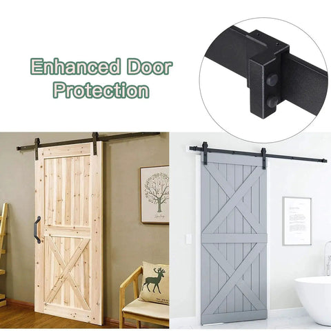 Barn Door Roller Stopper Hardware Set 2Pcs For 41x7mm Flat Track Sliding Doors Black Catches With Wrench To Limit Door Movement Durable Zinc Alloy Construction For Household Home Use, installed on wooden and gray sliding doors for enhanced protection.