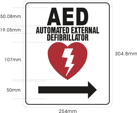 Front view of AED Sign 10x12 Inch Aluminum Reflective Wall Mounted Emergency Defibrillator Sign with red heart and arrow.