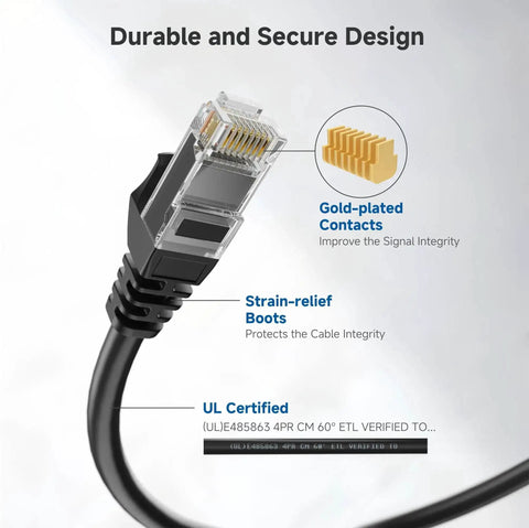 Close-up of 5 Pack Snagless Cat 6 Ethernet Cables, 3 Feet Long, 10Gbps Ready, showing gold-plated contacts and strain-relief boots.