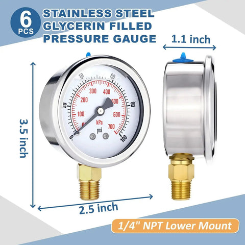 Six Pack 0 To 100 Psi Glycerin Liquid Filled Pressure Gauges Set With 2.5 Inch Dial, Brass Lower Mount, Stainless Steel Case