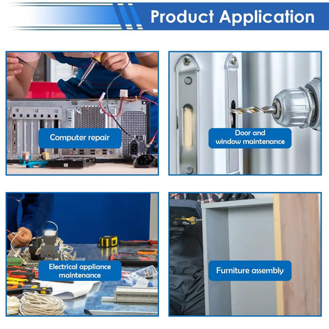 Product applications include computer repair, door and window maintenance, electrical appliance maintenance, furniture assembly.