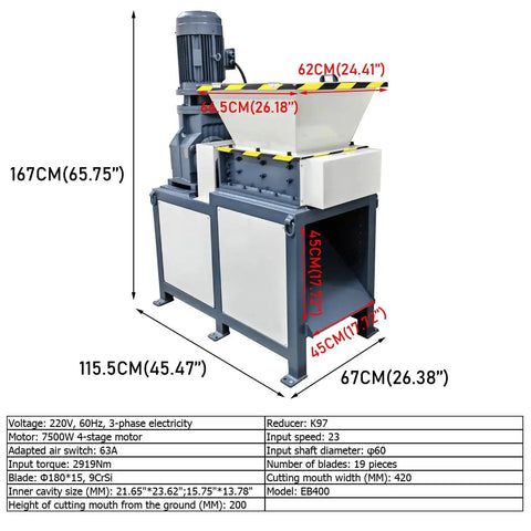Beast Mode Heavy Duty Biaxial Shredder Machine With 7500W Four Stage Motor For Plastic Rubber Wood Metal And Electronics Waste 220V 19 Blades And Easy Maintenance By WYDDDARY in an industrial setting with specifications chart.