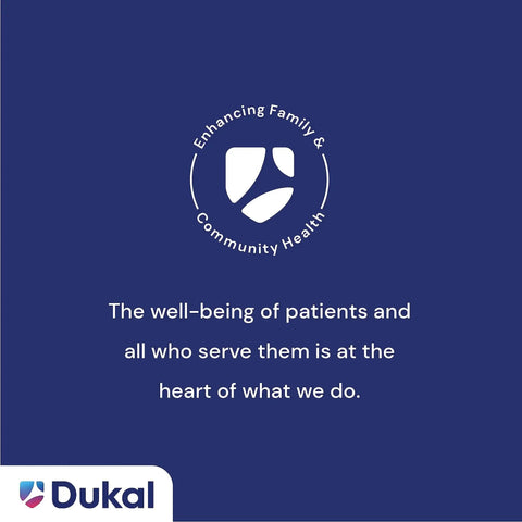 Dukal logo with a quote about enhancing family and community health on a blue background.