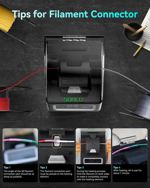 Must Have Filament Connector Splicer Kit With PTFE Sleeve For 1.75mm Filaments, showing splicer and tips for usage.