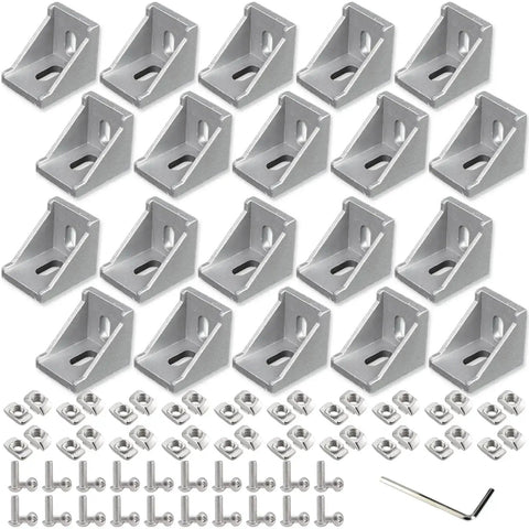 3030 Aluminum Extrusion Corner Bracket Kit With 40 M6 T Nuts And 40 Hex Screws, 20 Corner Brackets, 1 Wrench, 90 Degree Connector