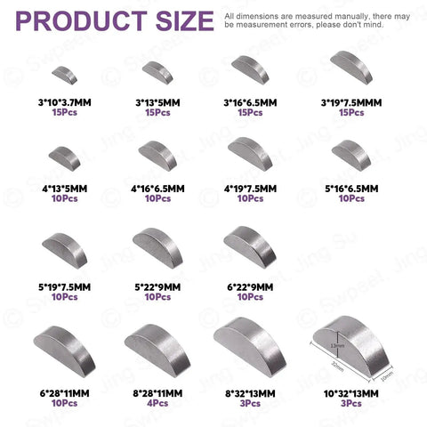 150Pcs Woodruff Keys Set In 15 Sizes 3mm 4mm 5mm 6mm 8mm 10mm Half Moon Semicircle Bond Keys For Fasteners And Mechanical Hardware Metric Assortment Kit For DIYers And Pros, arranged by size on white background