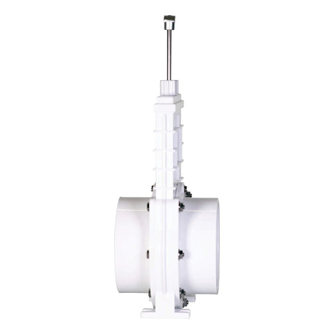 Side view of 4-inch white PVC gate valve with slip hub fittings and stainless steel paddle.