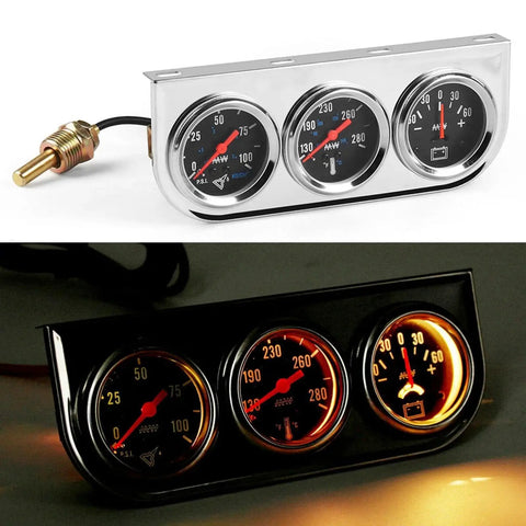 Universal Chrome 2 Inch 52mm Car Triple Gauge Kit Mechanical 3 In 1, showing oil, temp, and ammeter gauges with illuminated faces