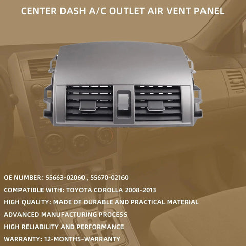 Center Dash AC Vent Panel Trim For Toyota Corolla 2008-2013, front view, showing vent design and compatibility details