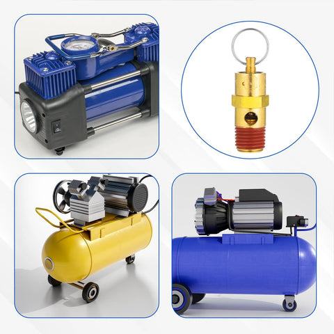 Air compressor pump front view: blue unit with gauge on top and front switch
Pressure relief valve close-up: brass 1/4 in NPT valve with ring and red threaded outlet
Air tank side view: yellow horizontal tank with mounted pump and handle
Air tank installed view: blue horizontal tank with top-mounted electric compressor unit