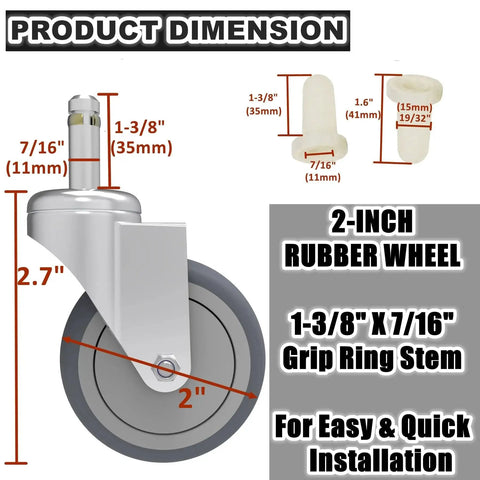 2-Inch Swivel Stem Caster Set For Weber Grill And Shop Vac, side view showing 7/16 inch stem diameter, rubber TPR wheel, dimensions labeled