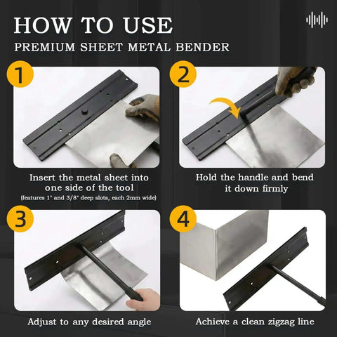 How-to guide for using 15.25 Inch Dual Side Hand Metal Bender With 1 Inch And 3/8 Inch Depth Slots, includes steps and the tool in use.