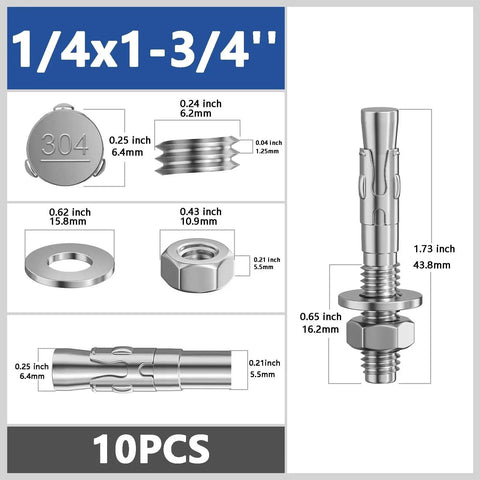 10 Pack 1/4 By 1-3/4 Inch Heavy Duty 304 Stainless Steel Wedge Anchors For Concrete And Cement, detail view with measurements