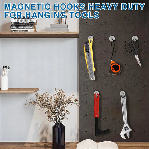 Magnetic Hooks For Cruise Cabins 130 Lbs Heavy Duty Neodymium Magnets holding tools on a wall, showcasing vertical strength.