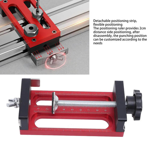 Pro Grade Dowel Hole Guide Aluminum Alloy Drill Jig with positioning strip and ruler for precise woodworking holes.