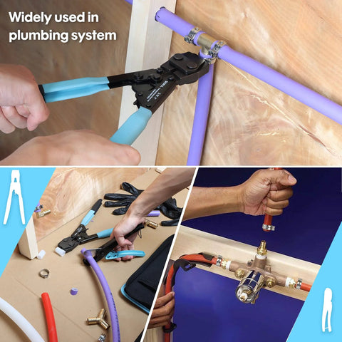 SHALL PEX cinch crimping tool with blue handles tightening stainless steel clamps on purple PEX pipe; storage bag
