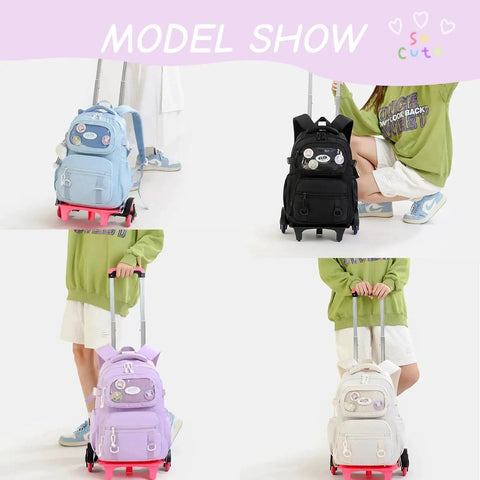 Girls Rolling Backpack For School with Wheels in Blue, Black, Purple, and White Polyester, Showcasing Durability and Style