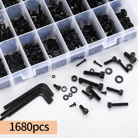 All In One 1680 Pcs Metric Hex Bolts And Nuts Set M2 To M5 With Washers And Black Finish, Hex Socket Cap Screws, Durable Alloy Steel
