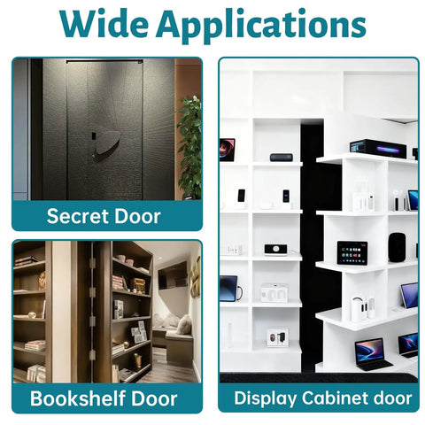 Wide applications of heavy duty hidden door pivot hinge set for Murphy doors and bookcases, includes secret and bookshelf doors.