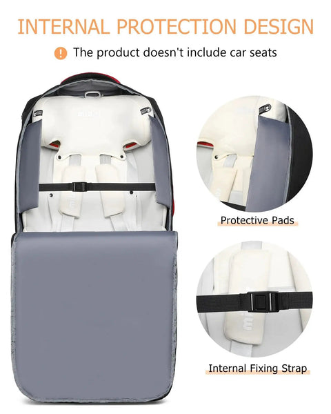 Travel Ready Car Seat Bag With Wheels For Air Travel, Padded Baby Carseat Backpack For Airport Gate Check, interior view showing protective padding and straps