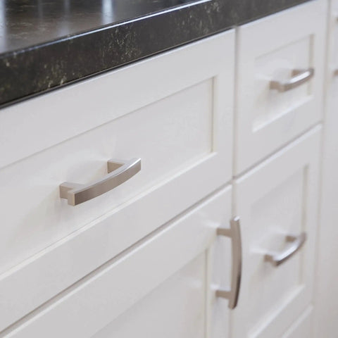 Brushed Nickel Cabinet Handles 10 Pack 3 Inch Center To Center Drawer Pulls for kitchen cabinets installed on white drawers