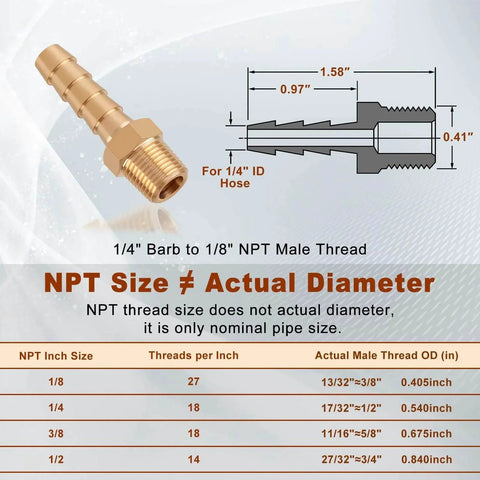Diagram of 5 Pack Brass Hose Barb Fittings One Quarter Inch Barb To One Eighth Inch NPT Male Thread Air Water Fuel Line Adapters Connector showing dimensions and NPT size conversion chart.
