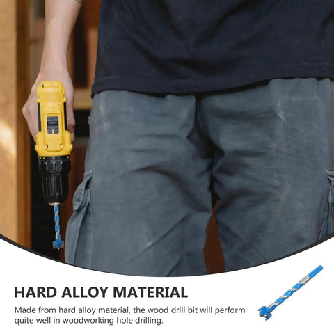 Person holding drill with Heavy Duty Woodworking Hole Opener Drill Bit With Hard Alloy Extended Thread Pro Grade Boring Bit 25x125mm