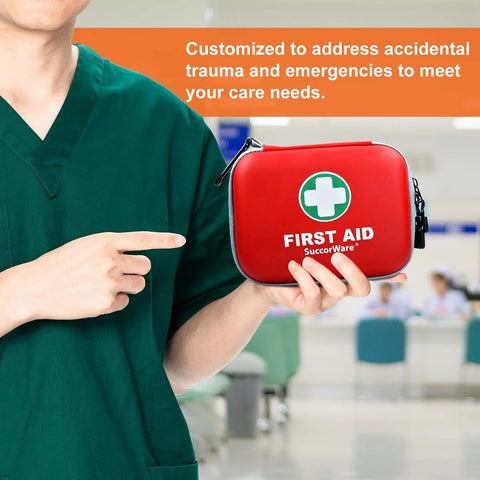 Person holding Compact Red 150 Piece Mini First Aid Kit with Hard Shell for emergencies by SuccorWare in a hospital setting.