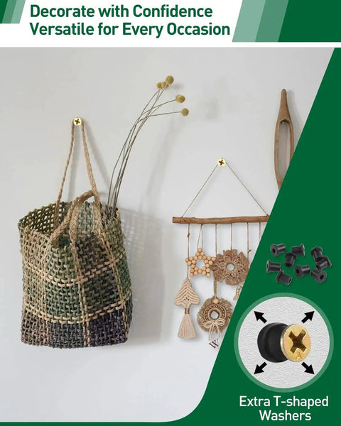 Woven basket and wall decor hung using Self Drilling Drywall Anchors Kit With Expansion Screws In Three Sizes Zinc Plated Steel No Drill Required.