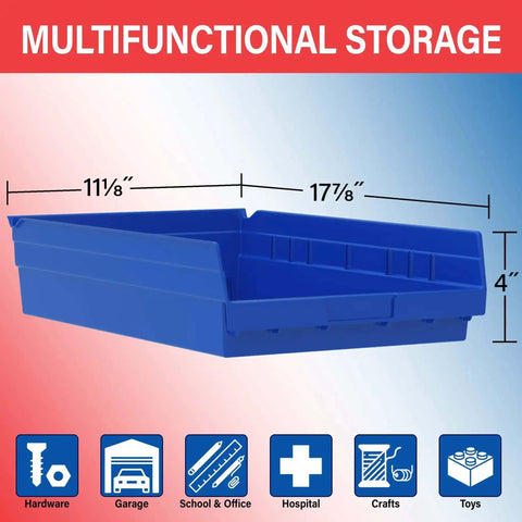 Heavy Duty Plastic Shelf Bins For Garage, Closet, And Drawer Organization, 12 Pack, Red, 18 x 11 x 4 Inches, Durable Storage Bins That Fit 12, 18, And 24 Inch Shelves And Pick Racks displayed with dimensions
