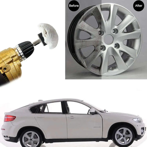DIY Friendly Buffing Wheel Kit With White Flannelette Pads in use on car wheel for drill polishing metal surface