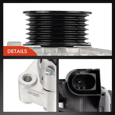 Close-up of component details of Alternator For Ford Fiesta 2011-2019 1.6L DOHC Naturally Aspirated 12V 120A 6-Groove Pulley